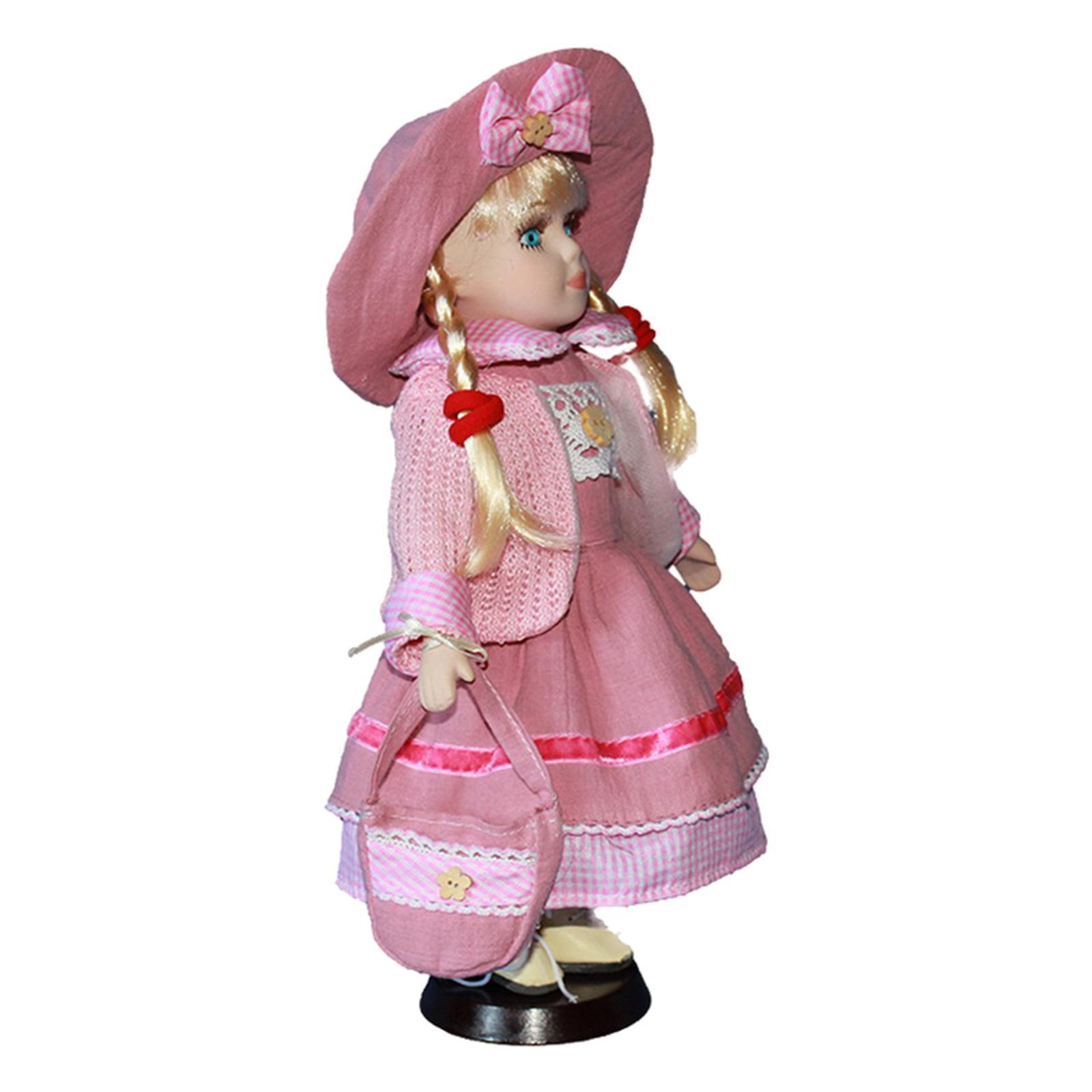 12 inch Elegant Porcelain Doll Collectible Miniatures, 2 Pieces Standing Victorian Girl Lady Doll with Stand, Hat, Shoes and Clothes