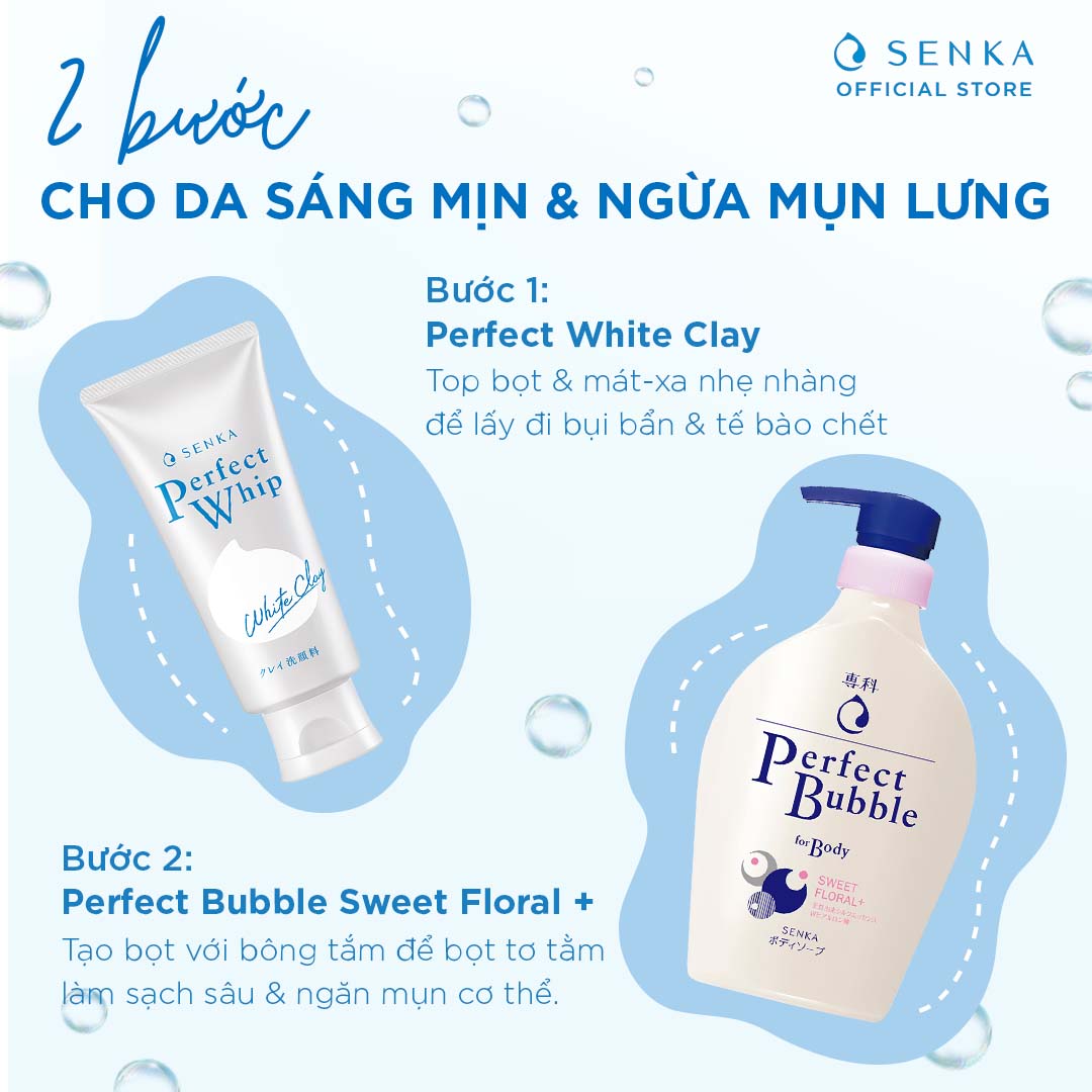 Combo Sữa tắm dưỡng ẩm Senka Perfect Whip hương hoa hồng, đinh hương 500ml và Sữa rửa mặt chiết xuất đất sét trắng Senka Perfect Whip Clay 120g