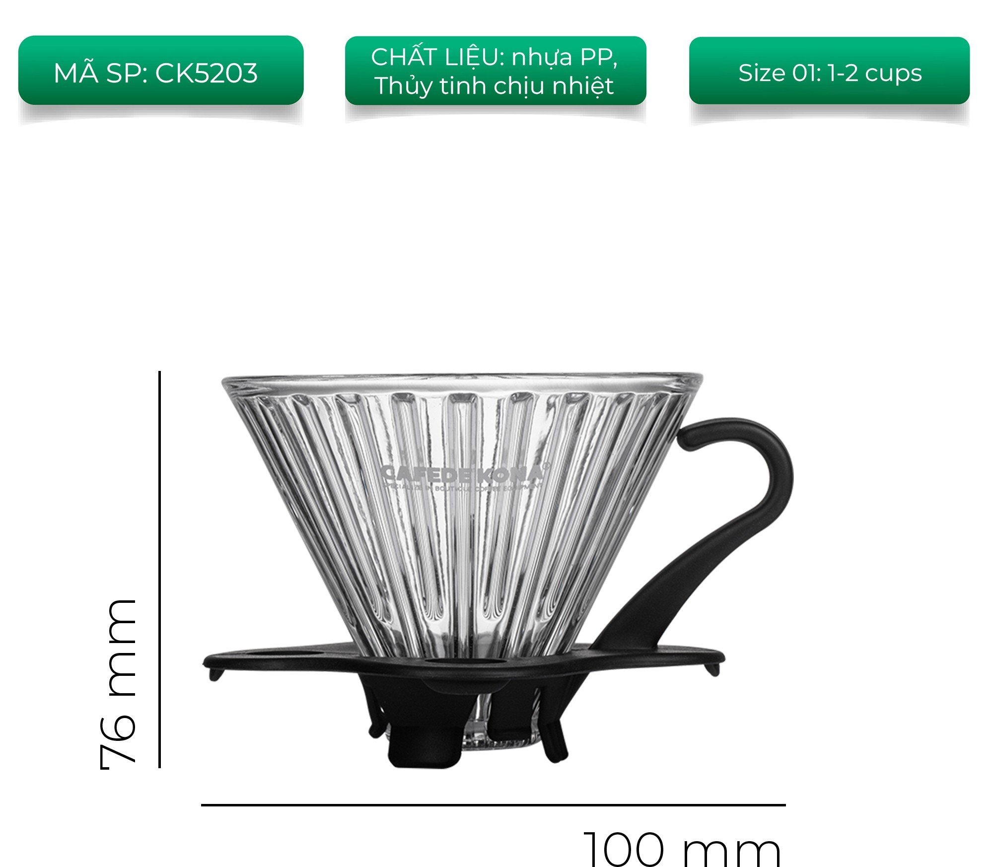 Phễu thuỷ tinh V60 rãnh thẵng đế nhựa đen CAFE DE KONA