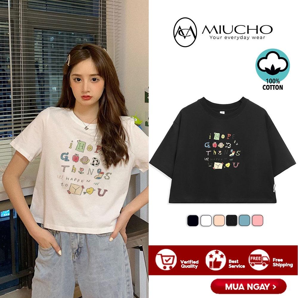 Áo croptop nữ tay ngắn cổ tròn vải thun cotton kiểu hàn quốc CR048 Miucho in hình hoạ tiết