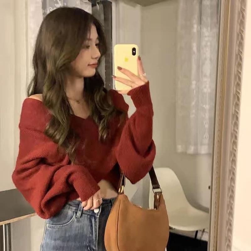 Áo len nữ dài tay cổ V vạt chéo Sang chảnh chất len co giãn mềm đẹp dày dặn Thời trang Hàn. MET SHOP