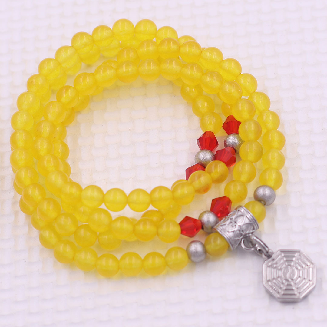 Vòng chuỗi 108 hạt đá thạch anh vàng 6 ly charm bát quái inox - vòng chuỗi niệm Phật, vòng tay chuỗi hạt