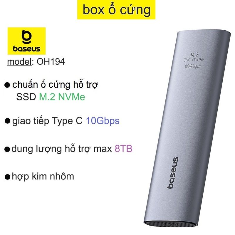 Box ổ cứng SSD M2 NVMe Baseus FlyJoyBS-OH194 Series SSD Enclosure Type C tốc độ 10Gbps _ Hàng chính hãng