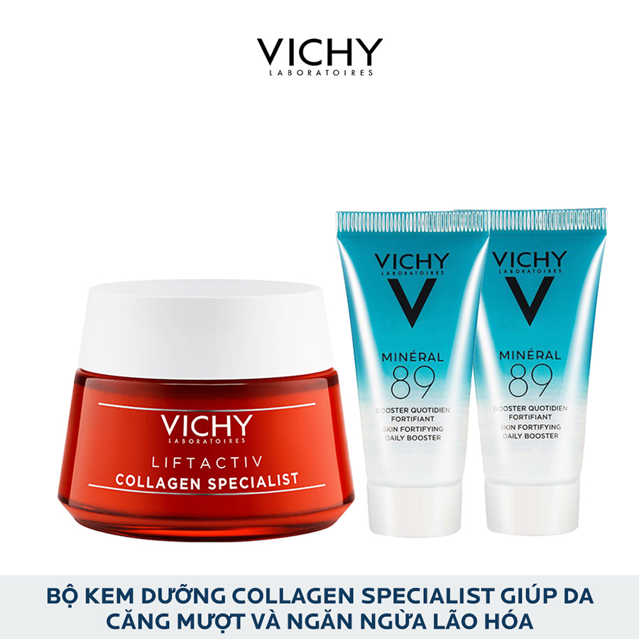 Bộ kem dưỡng Vichy Collagen Specialist &amp; dưỡng chất khoáng cô đặc Mineral 89 giúp da căng mượt và ngăn ngừa lão hóa
