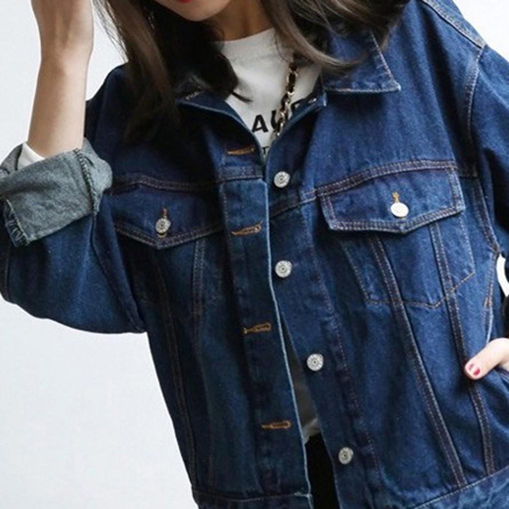 Áo khoác jean denim kiểu ngắn cổ bẻ dáng rộng phong cách thu đông màu trơn hợp thời trang cho Nữ