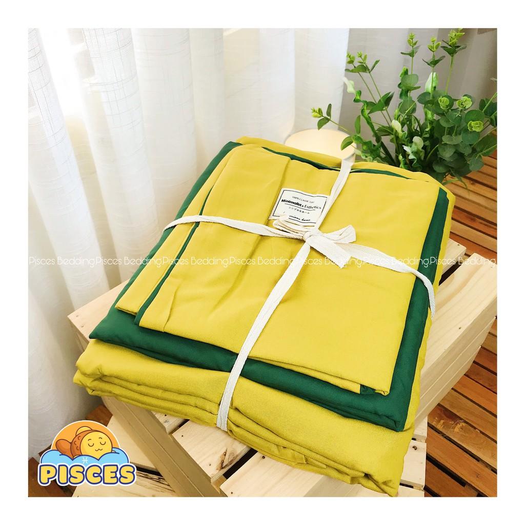 Bộ Chăn Ga Gối Cotton Đũi - Vàng Ga Xanh Lá