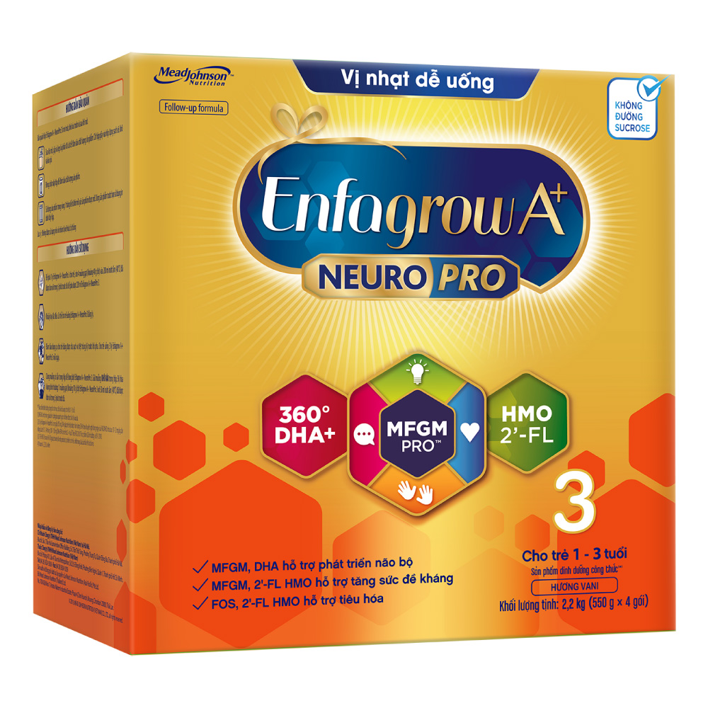 Sữa bột Enfagrow A+ NeuroPro 3 với 2’-FL HMO cho trẻ từ 1 – 3 Tuổi - Vị Nhạt Dễ Uống