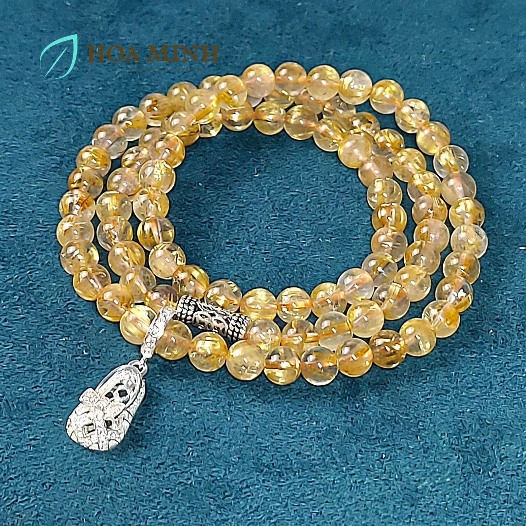 Vòng tay Thạch Anh Tóc Vàng thiên nhiên 6 li VIP quấn 3 vòng phối charm chiếc giày búp bê bạc ta chuẩn, hợp mệnh Kim Thổ