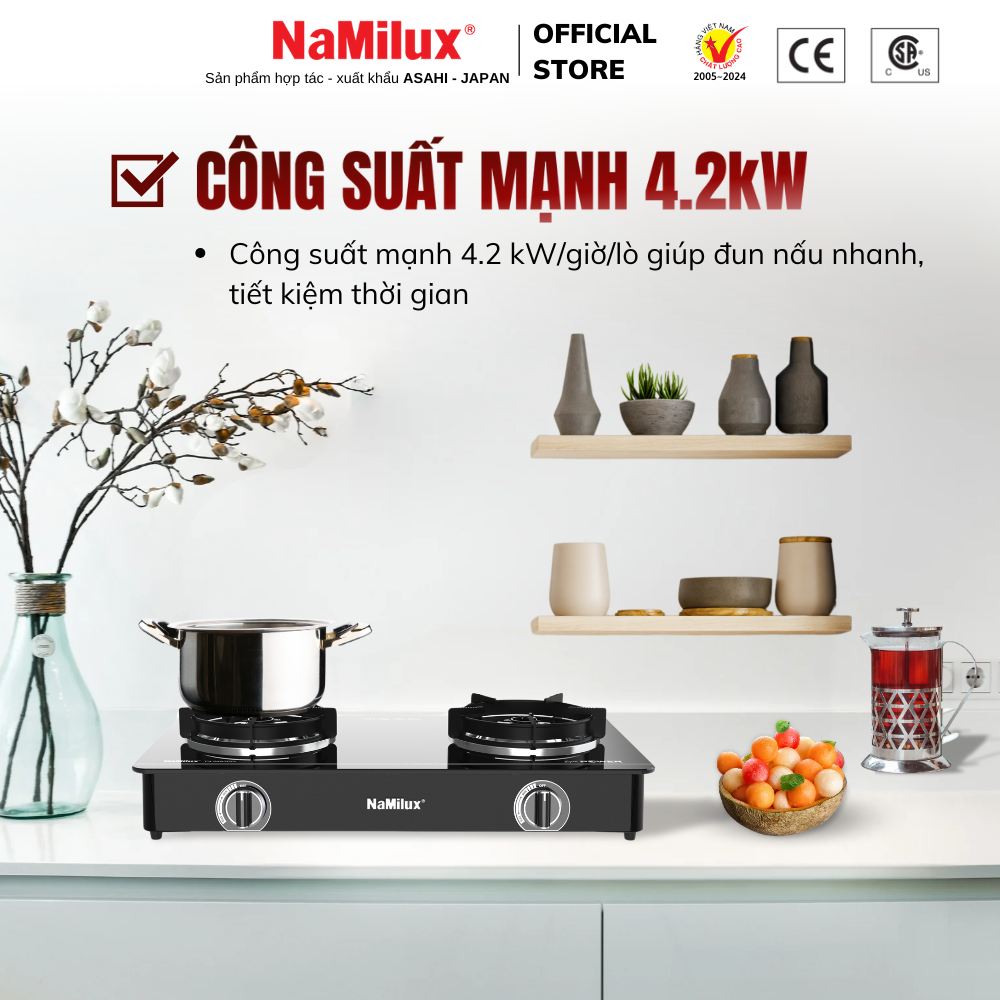 Bếp Gas Đôi Mặt Kính Cao Cấp NaMilux DL2463PG – Công Suất Mạnh 4.2Kw – Kiềng Bếp Tráng Men – Hàng Chính Hãng
