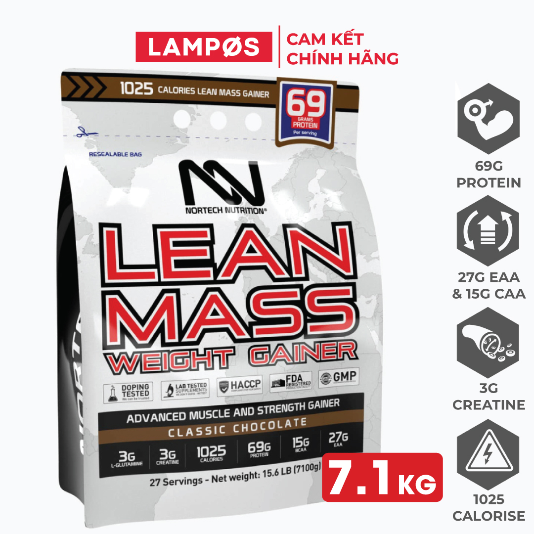 NorTech Lean Mass Gainer, Sữa Tăng Cân, Tăng Cơ Nạc Hiệu Quả, Bổ Sung 69G Protein, 27G EAA, 15G BCAA, 3G Creatine, 3G L-Glutamine, Thùng 7KG, 27 Lần Dùng