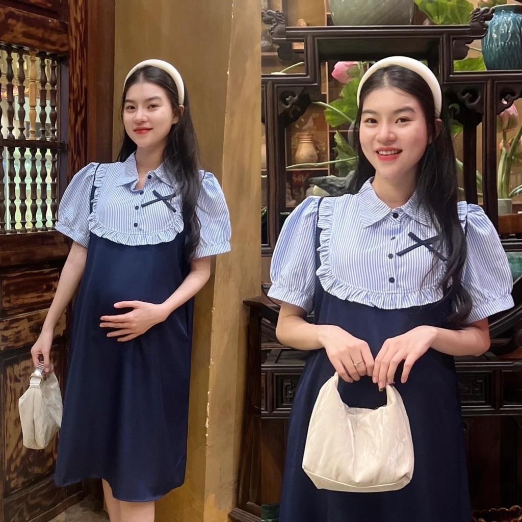 Đầm bầu giả yếm sọc sơ mi cotton hàn phom suông trẻ trung, năng động Váy Bầu Voi - Xanh đen