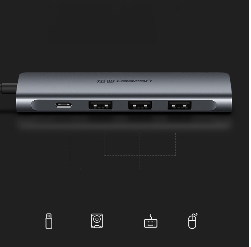 Bộ chuyển đổi USB type C sang HDMI + Hub USB 3.0 (3 cổng) chính hãng UGREEN CM136 50209 - Hàng nhập khẩu