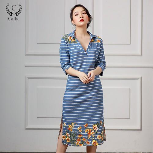 Đầm thun midi Callia cổ trụ Adie