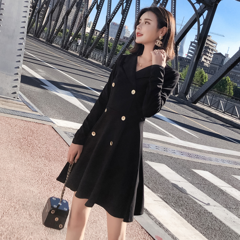 Hàng Quảng Châu - Đầm xòe cổ vest màu đen tay dài phối nút cao cấp - D83262