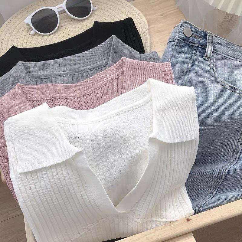 Áo thun nữ croptop polo len tăm kiểu cổ v tay ngắn đẹp - Áo đẹp hàng Quảng Châu cao cấp