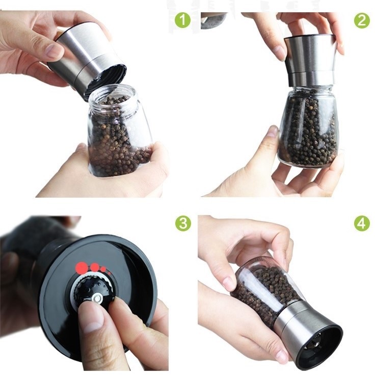 Dụng cụ xay tiêu, lọ xay tiêu, cối xay tiêu lưỡi sắc bén, chai thủy tinh trong suốt