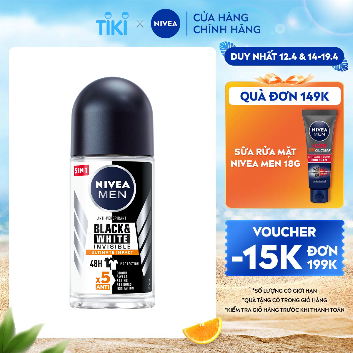 Lăn Ngăn Mùi NIVEA MEN Black&amp;White Ngăn Vệt Ố Vàng Vượt Trội - Hương Mạnh Mẽ (50 ml) - 85392