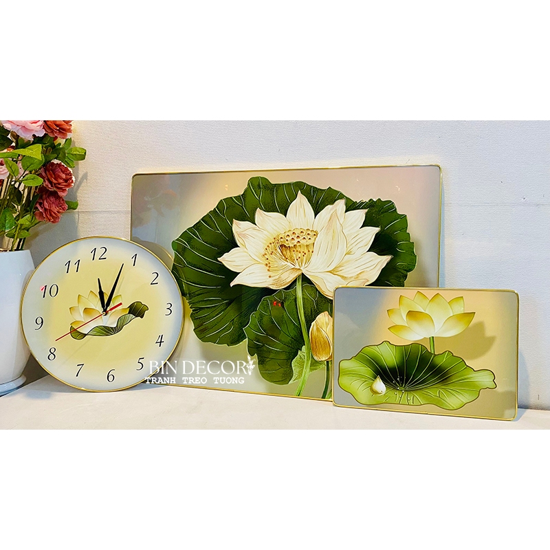 (CÓ ẢNH THẬT) Tranh đồng hồ hoa sen 4 bộ 3 tấm trang trí decor phòng bo viền kèm đinh treo