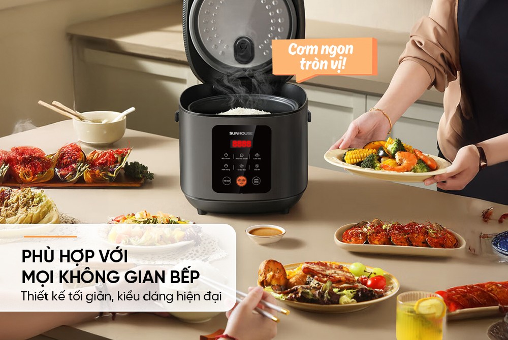 Nồi cơm điện tử 1.5L Sunhouse SHD8825 - 700W, 6 chức năng, Hẹn giờ nấu 24h, Chống dính Daikin 2 lớp, Lòng nồi 1.2mm - Hàng chính hãng