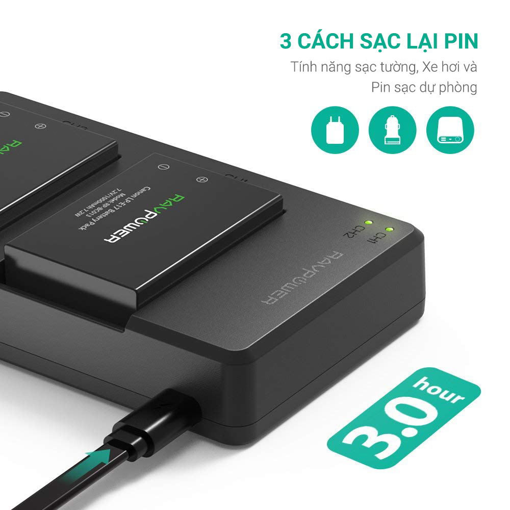 Bộ 2 pin và sạc đôi RavPower LP-E17 cho Canon 77D, 750D, 760D, 800D, M6 - Hàng chính hãng
