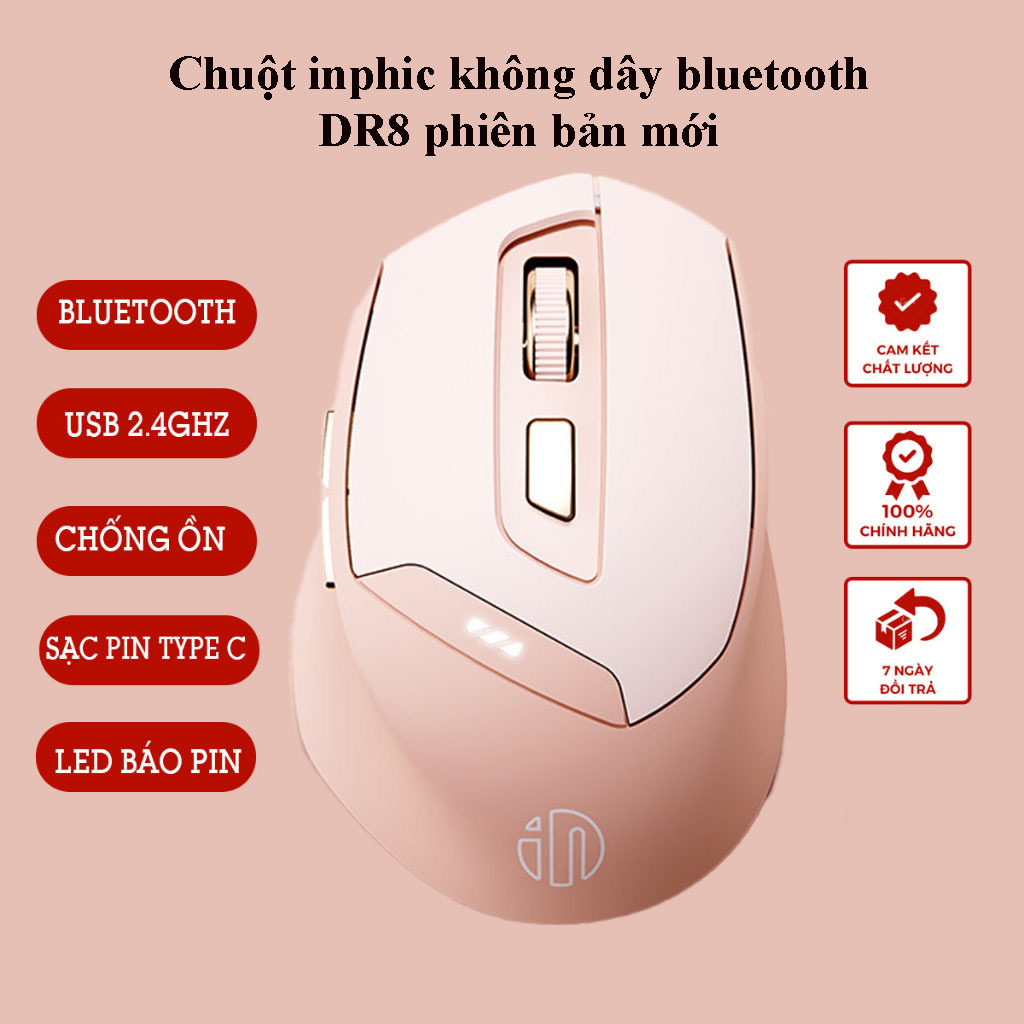 ￼Chuột máy tính không dây TEKKIN INPHIC DR08 màu hồng cute dành cho nữ văn phòng game thủ tắt âm chống ồn silent - hàng nhập khẩu