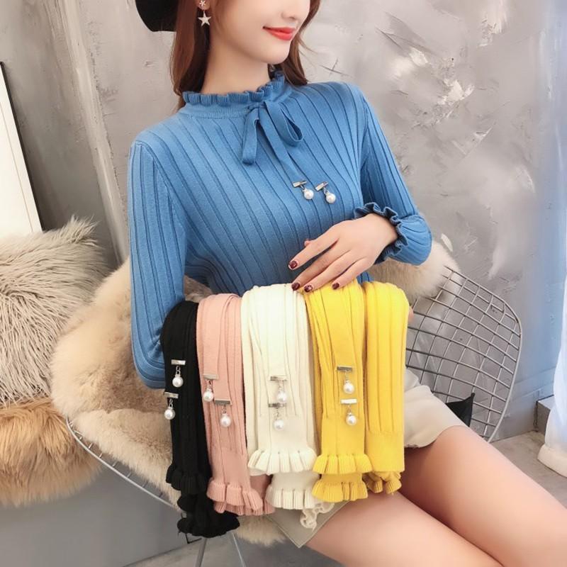 Áo dệt kim nữ cổ lọ tay dài dáng ôm màu trơn