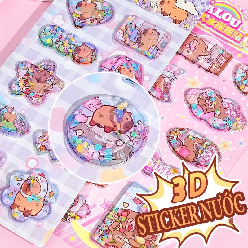 Set 10 Hình/ Tấm Sticker Hình Dán 3D Nước Kim Tuyến CAPYBARA Lấp Lánh Cute Decor Trang Trí Sổ Tay