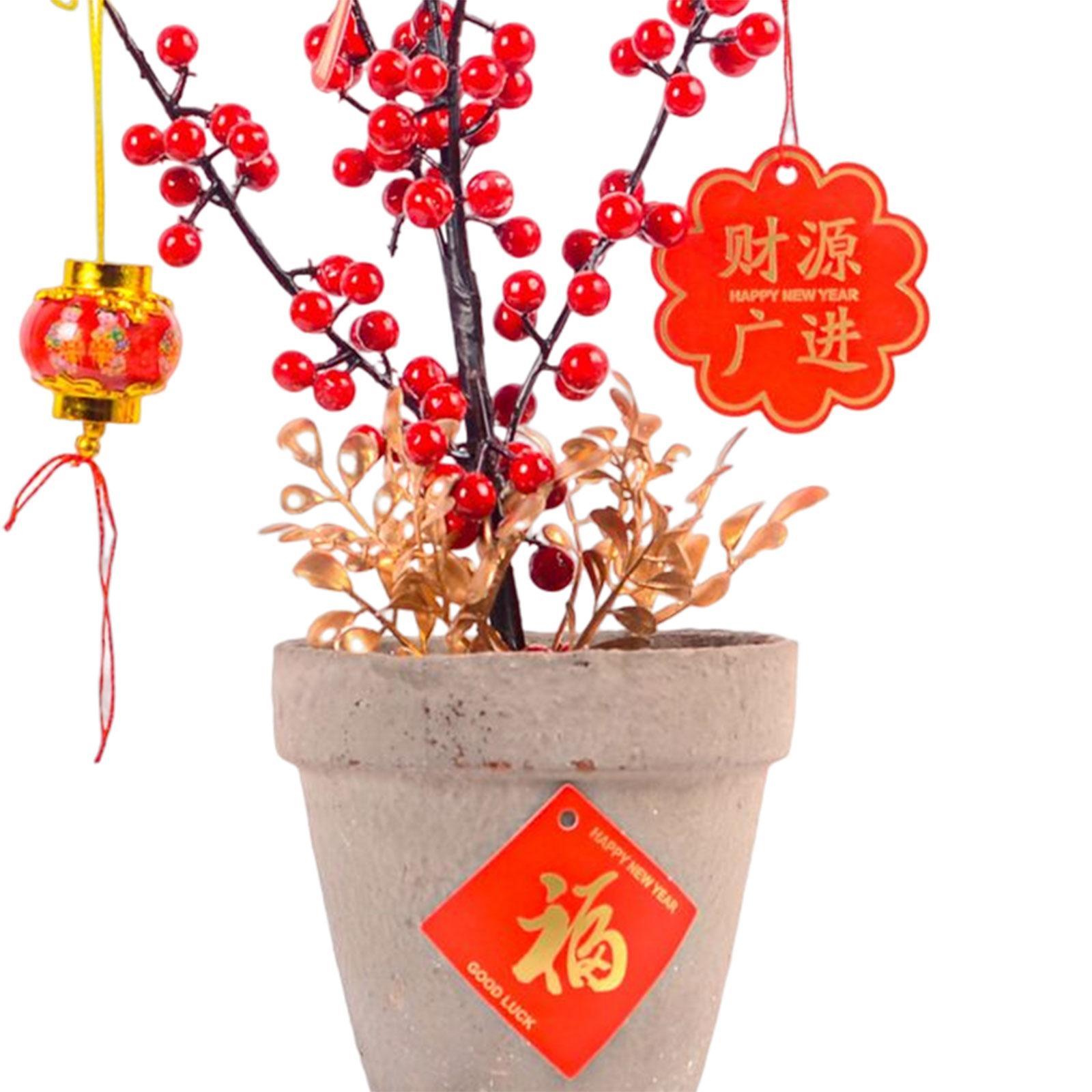 Chinese New Year Ornaments Holiday Desk Bonsai Spring Festival Table Centerpiece Red Lucky Character Pendants for Porch Desk Entryway Office