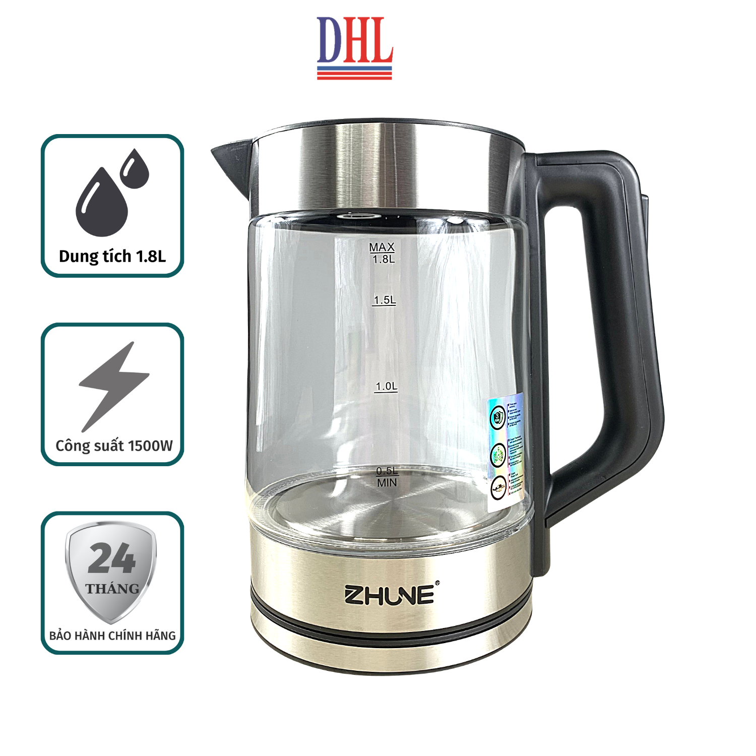 Ấm siêu tốc, ấm thủy tinh cao cấp ZHUNE 1.8L công suất 1500W hàng chính hãng