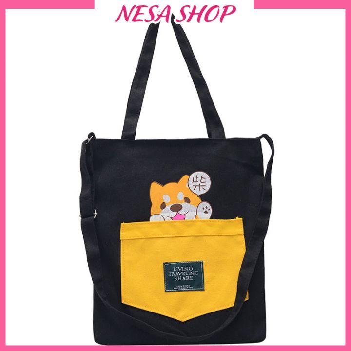 Túi Tote Canvas in hình Cún LiVing NeSa Shop, túi đeo chéo nữ, chất liệu vải canvas, phong cách trẻ trung