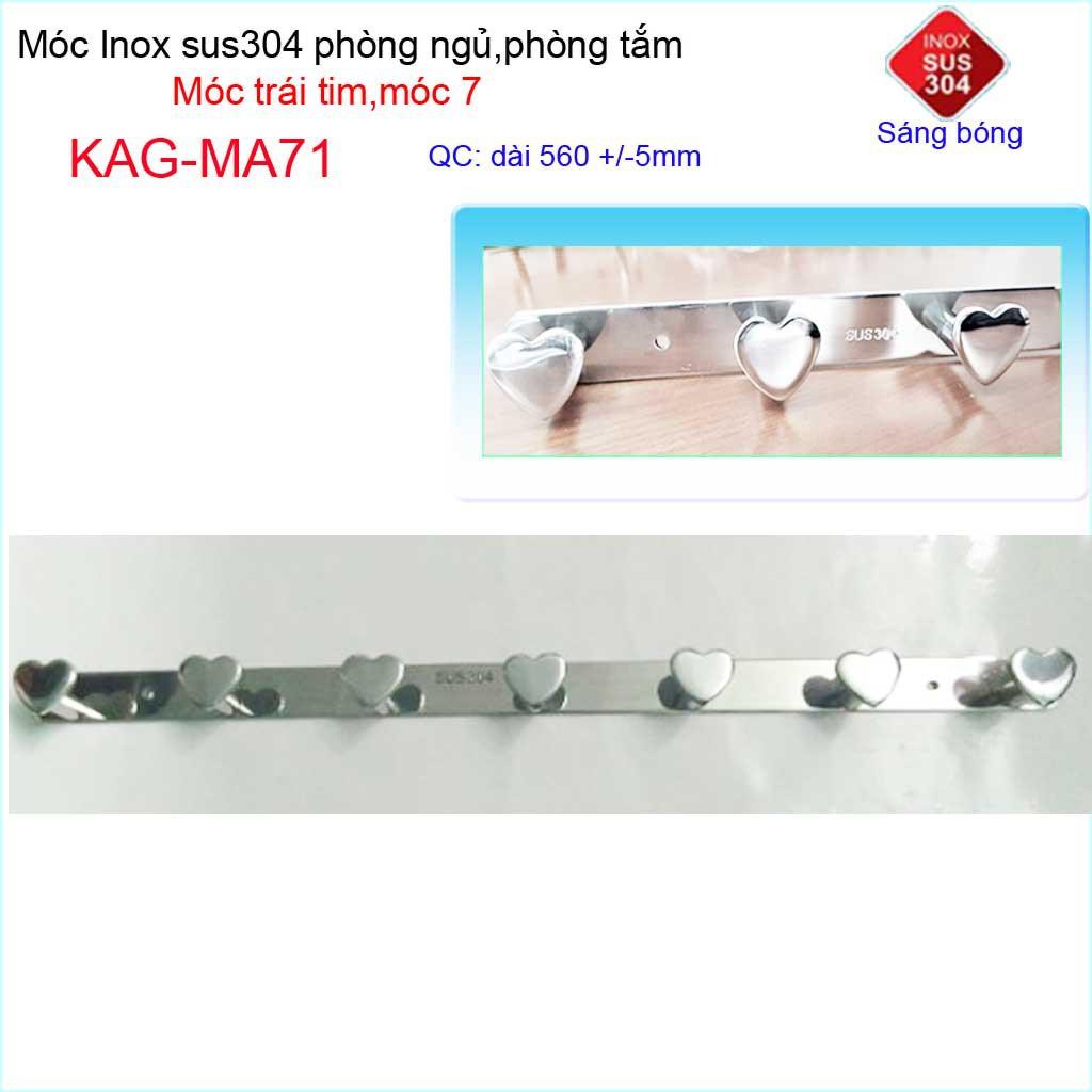 Móc treo quần áo inox 304 cao cấp dày, móc tim Kace 7 móc treo đồ nhà tắm KAG-MA71