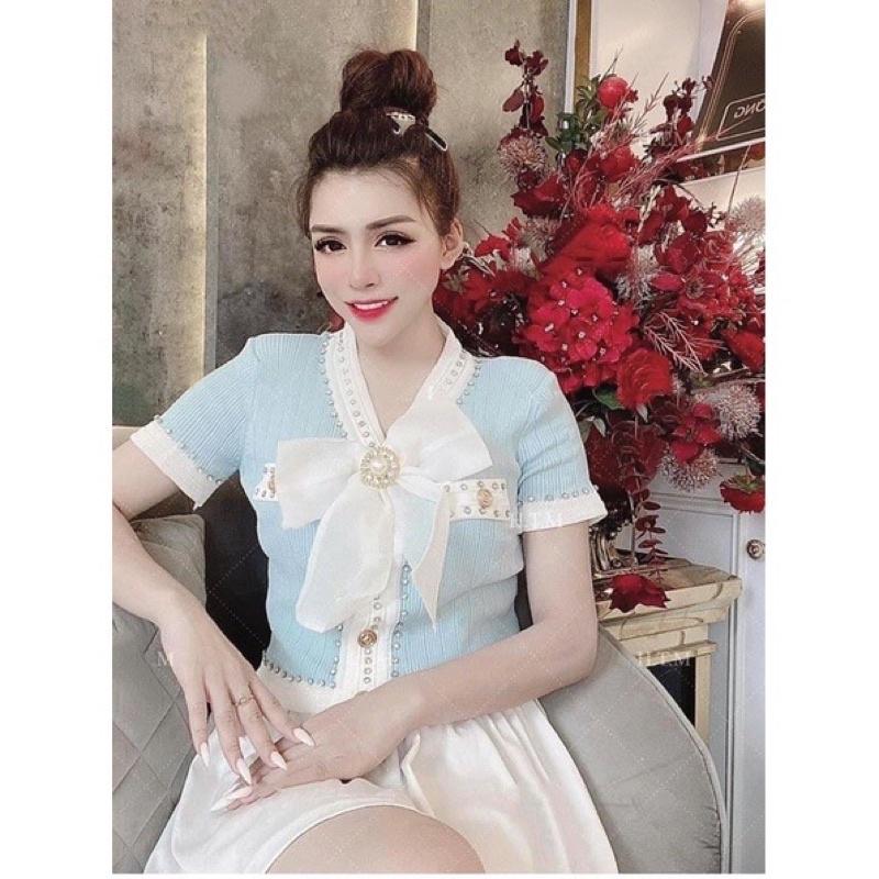 Áo len nữ cộc tay viền đá kèm tag nơ tháo rời được hàng len QC