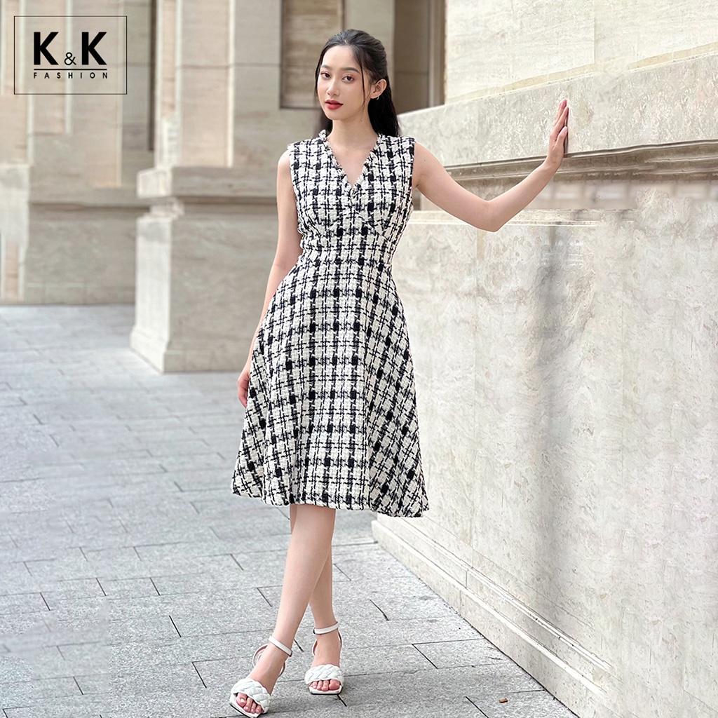 Đầm Xòe Cổ V Vải Tweed K&amp;K Fashion KK130-20 Sát Nách