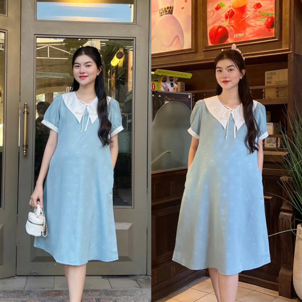 Đầm bầu xước pháp dập bông cổ đính cườm đính nơ sang trọng, thanh lịch váy cho mẹ Váy Bầu Sandal - Xanh bơ