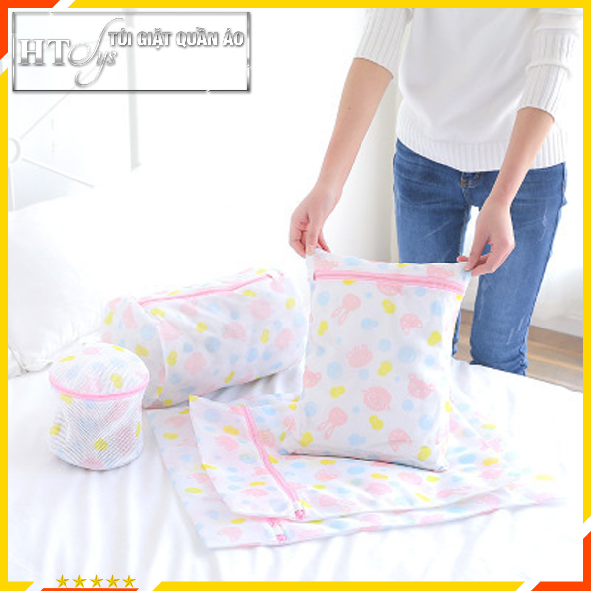 Bộ 5 túi giặt quần áo-HT SYS-Túi giặt đồ lót, tất, bảo vệ quần áo họa tiết đẹp