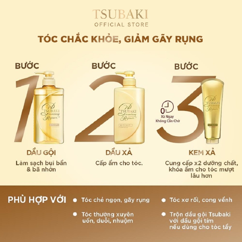 Bộ Ba Chăm Sóc Tóc TSUBAKI Phục Hồi Ngăn Rụng Tóc Gội Xả (490ml/chai) + Kem Xả 180g