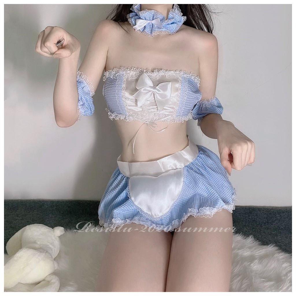 Maid Set/ Cosplay hầu gái kẻ xanh caro kèm nhiều phụ kiện đi kèm siêu xinh C110