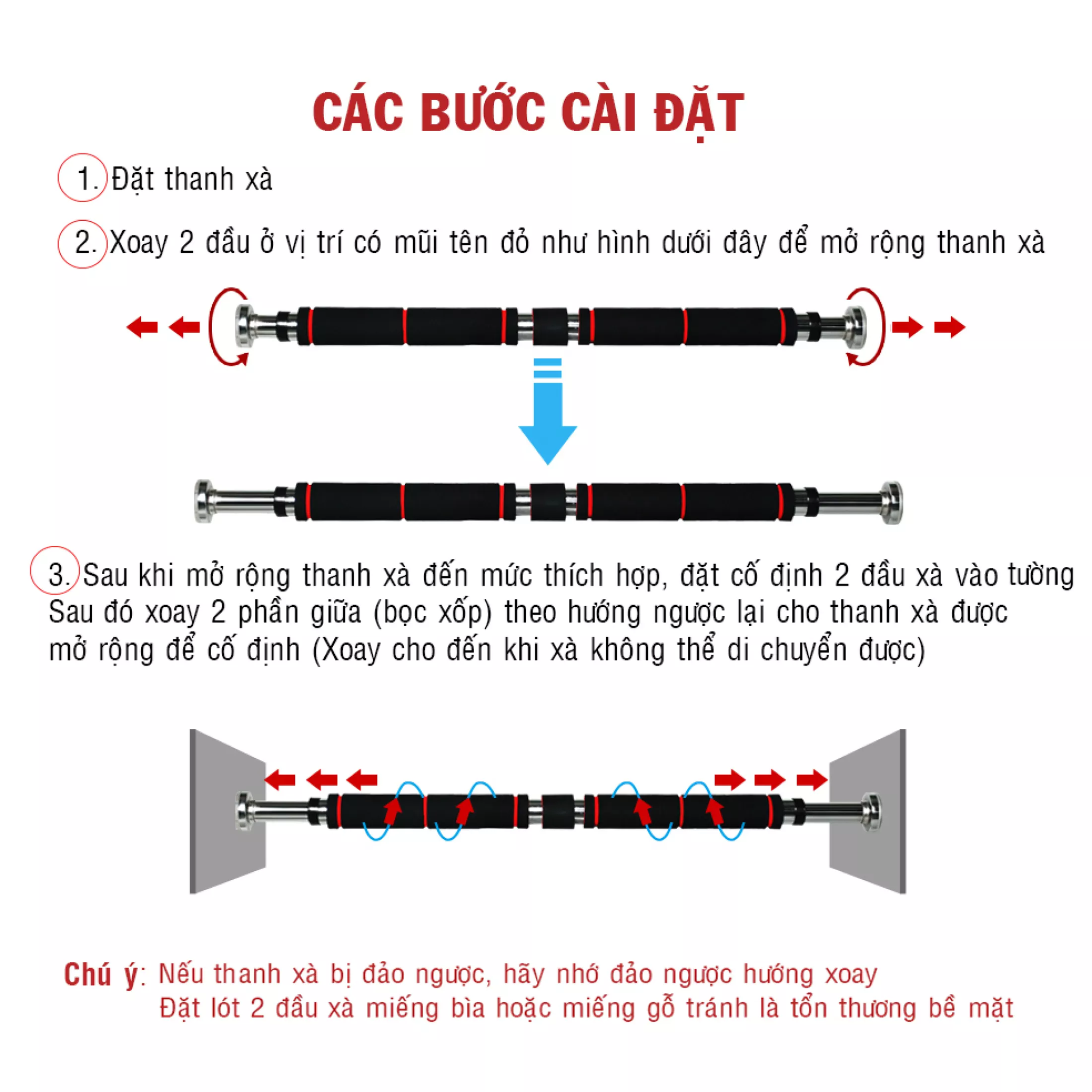 Xà đơn gắn cửa treo tường mút dài inox DoorWay Gymbar có độ dài tùy chỉnh 60cm - 100cm và 80cm - 130cm, xà đơn treo tường