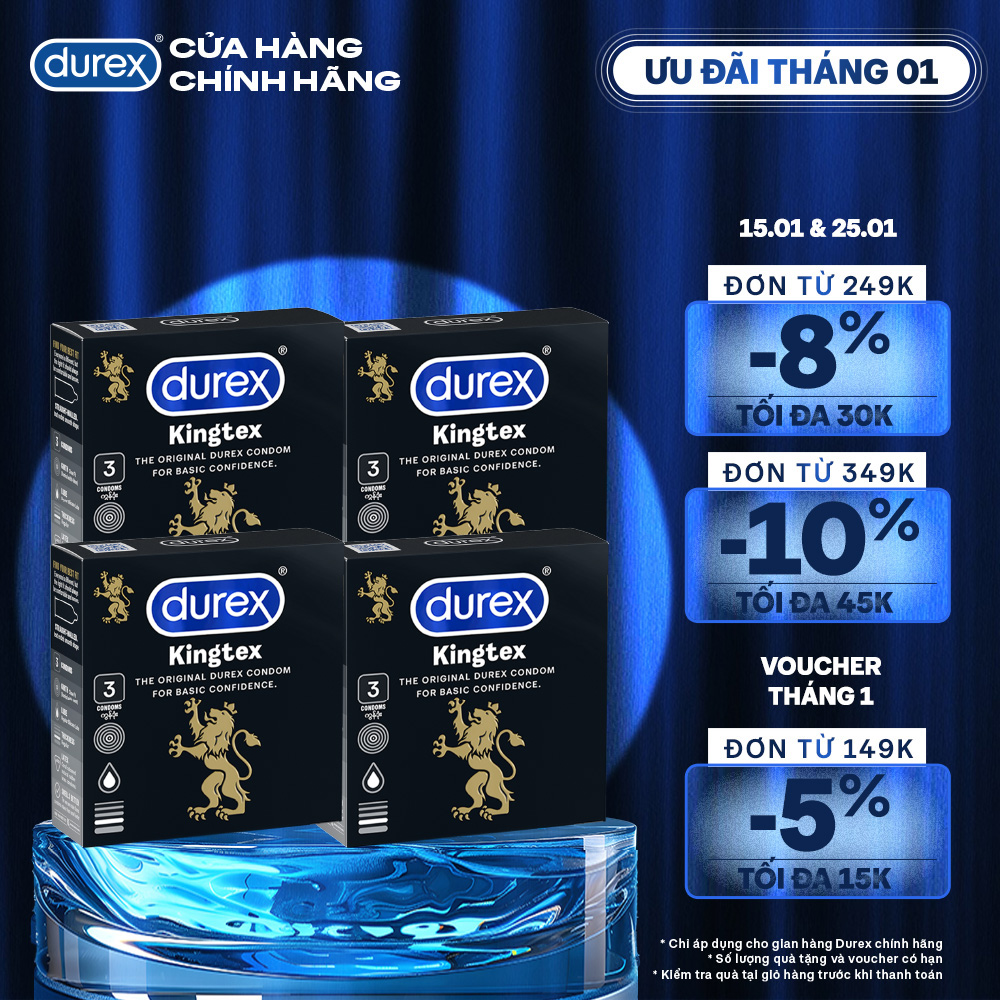 Bộ 4 hộp bao cao su Durex Kingtex ôm sát, bôi trơn (size 49mm, 3 bao/hộp)