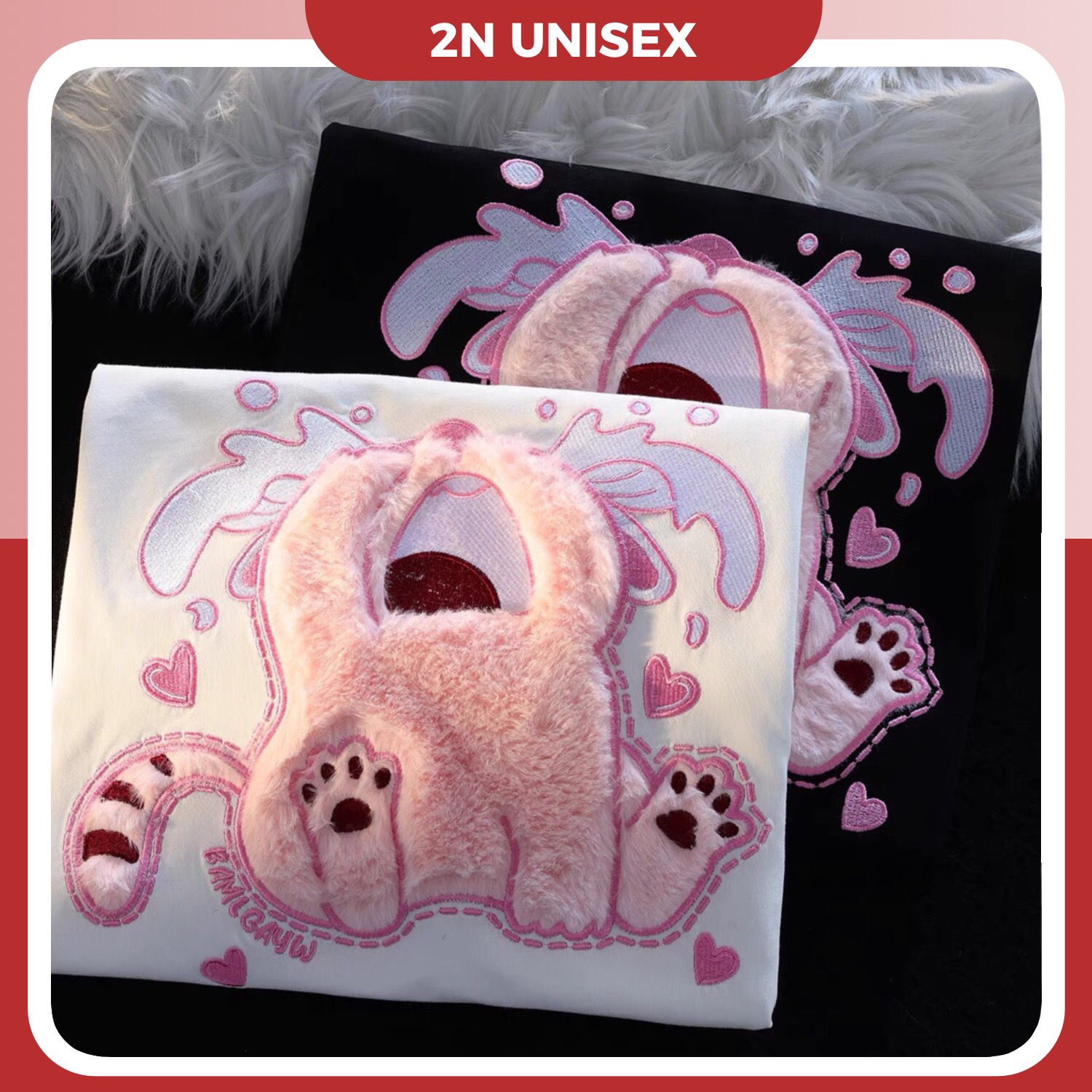 Áo phông nam nữ form rộng 2N Unisex thun cotton in hình mèo hồng thêu lông màu trắng/đen