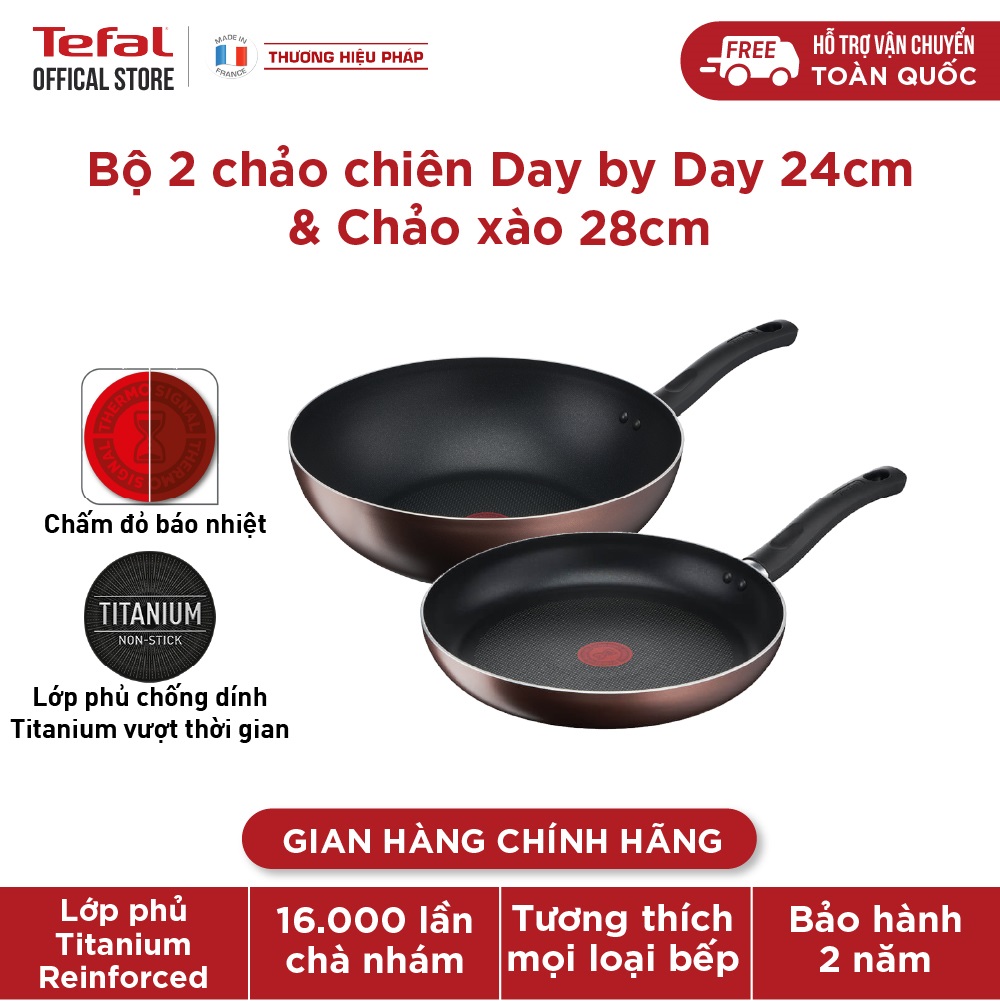 Bộ 2 chảo chống dính đáy từ Tefal Day by Day dùng cho mọi loại bếp (24cm, 28cm) - Hàng chính hãng