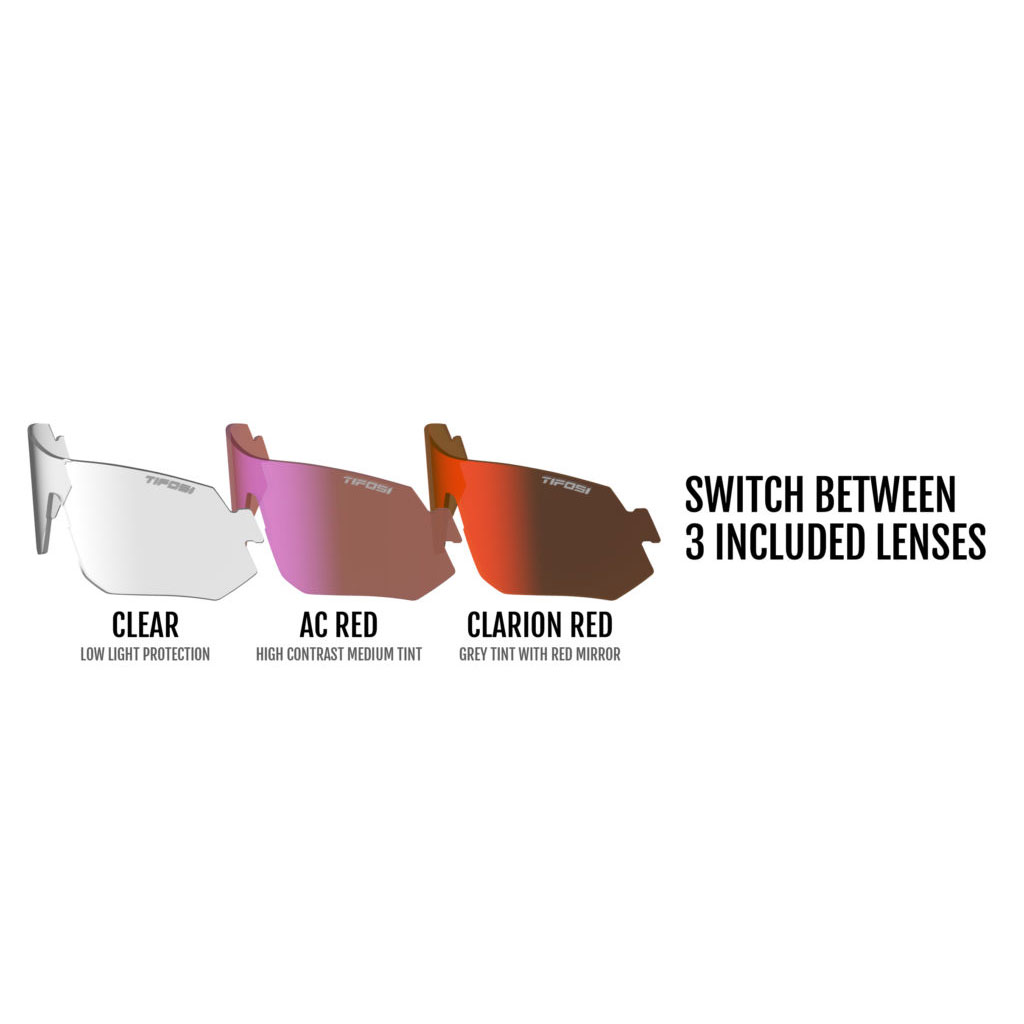 Kính mát thể thao Unisex Tifosi Tsali - Gọng Gunmetal/Red, Bộ 3 Tròng Đạp Chạy: Clarion Red, Ac Red & Clear Lenses