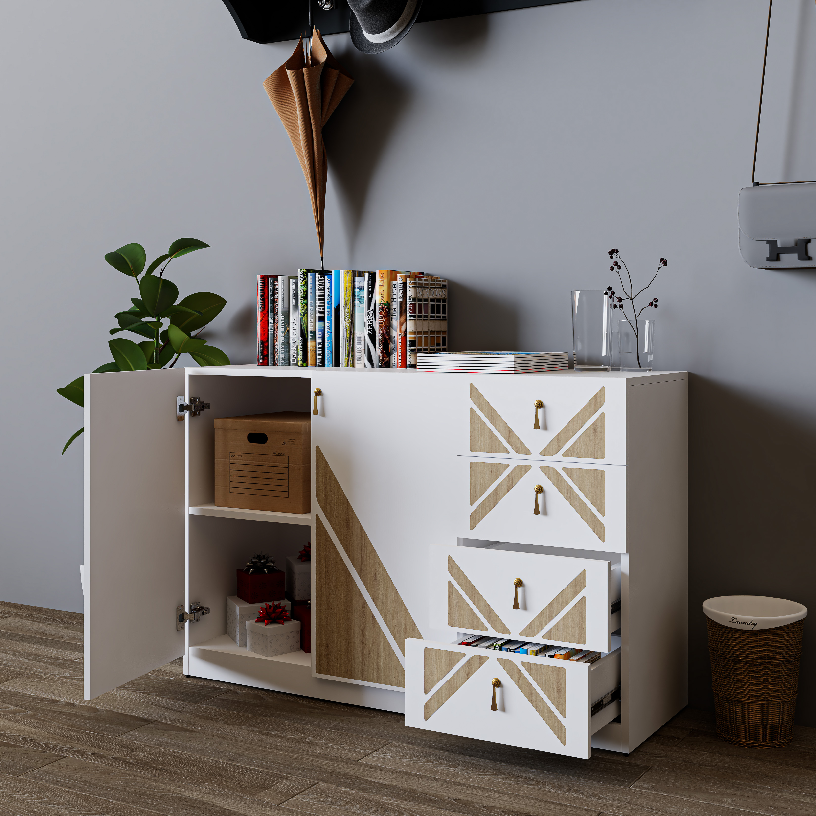 CHARIS , Tủ lưu trữ 2 cửa mở - 4 ngăn kéo , 120cm x 40cm x 78cm , TCM_120