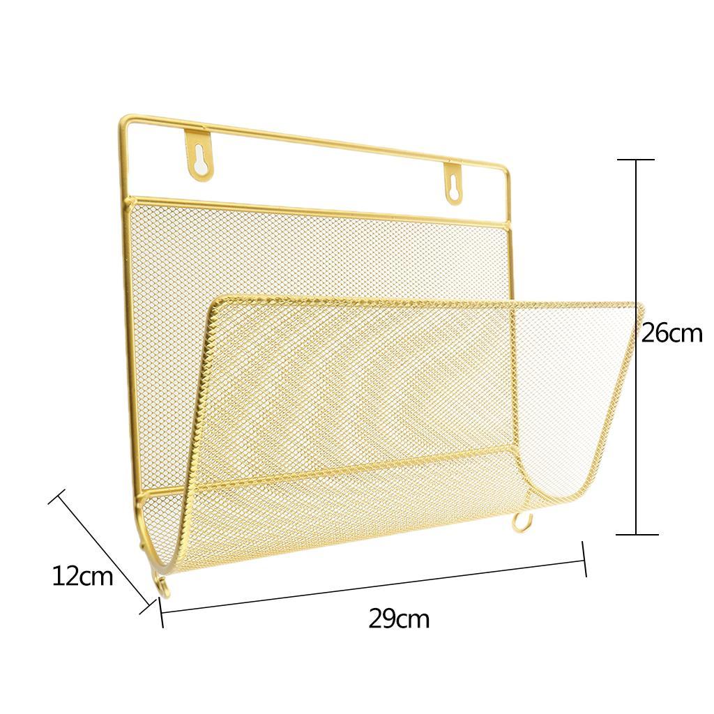 3X Wall Mount Metal Storage Basket Magazine Book Rack Shelf Holder Golden
