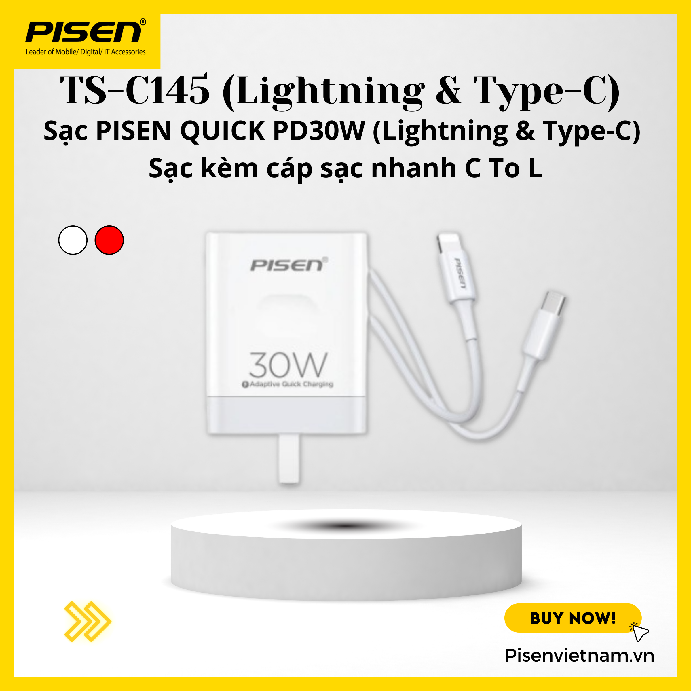 Bộ sạc Pisen Quick PD30W, sạc nhanh an toàn cho Iphone 8 - 14 Pro Max - Hàng chính hãng