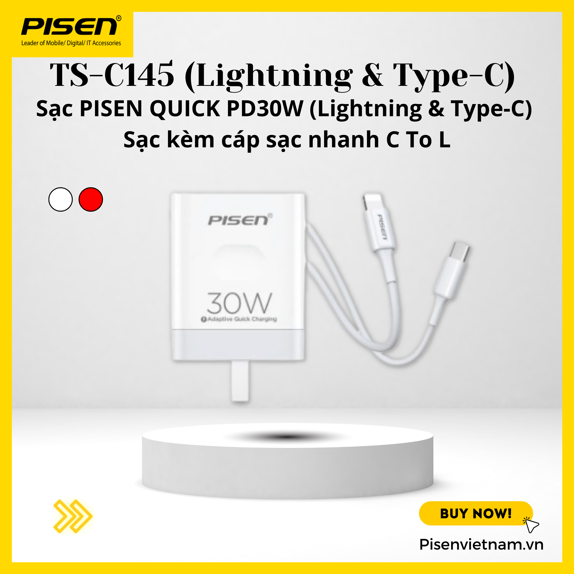 Bộ sạc Pisen Quick PD30W, sạc nhanh an toàn cho Iphone 8 - 14 Pro Max (TS-C145)- Hàng chính hãng