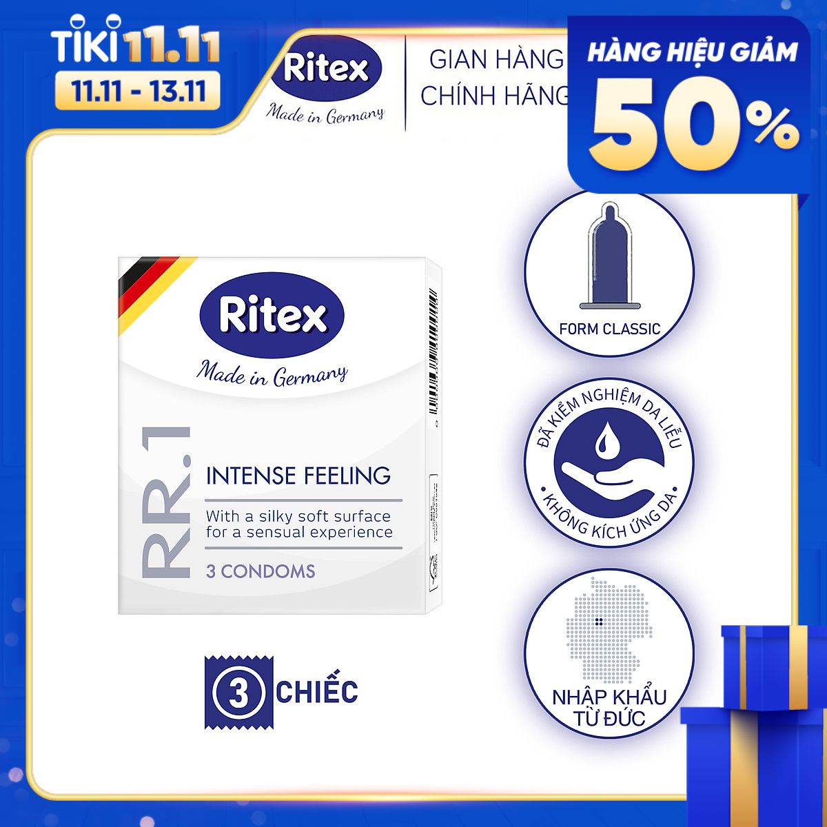 Bao cao su Ritex RR.1, Cảm Xúc Mãnh Liệt, siêu bền, hộp 3 chiếc