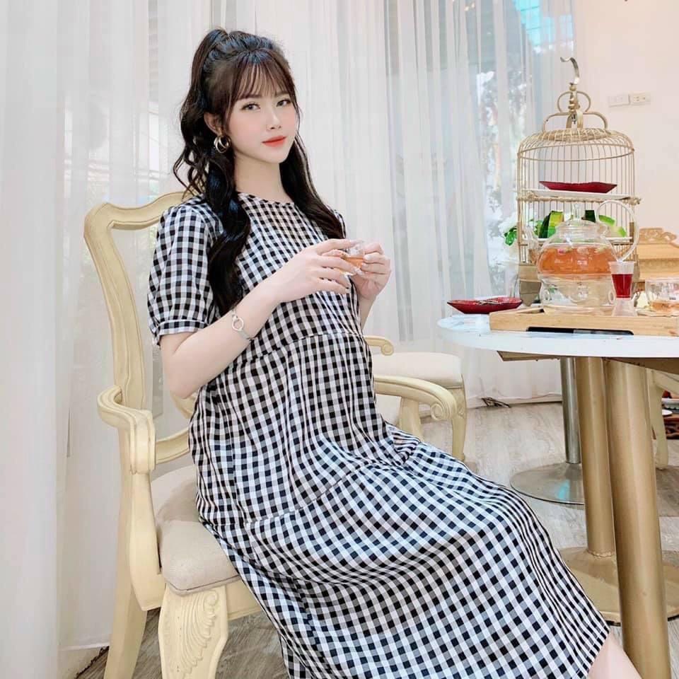 váy bầu đầm bầu cao cấp️mặc đi làm đi chơi đều đc️chất kẻ lanh Hàn mát mềm mịn️freesize 42-68kg