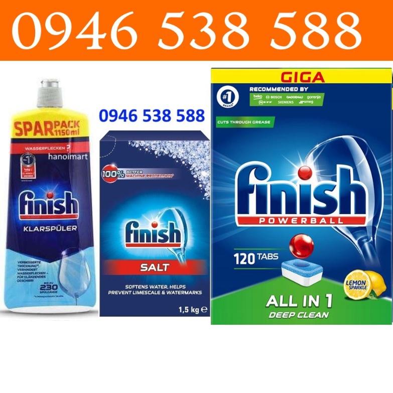 Combo viên rửa bát Finish 120 V + nước làm bóng Finish 1150ml + Muối rửa chén Finish 1.5kg viên rửa chén finish ly