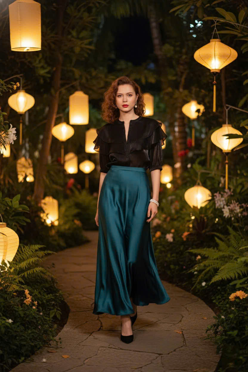 Áo Cổ Trụ Tay Phồng Organza Đen thời trang thiết kế Hity Top181